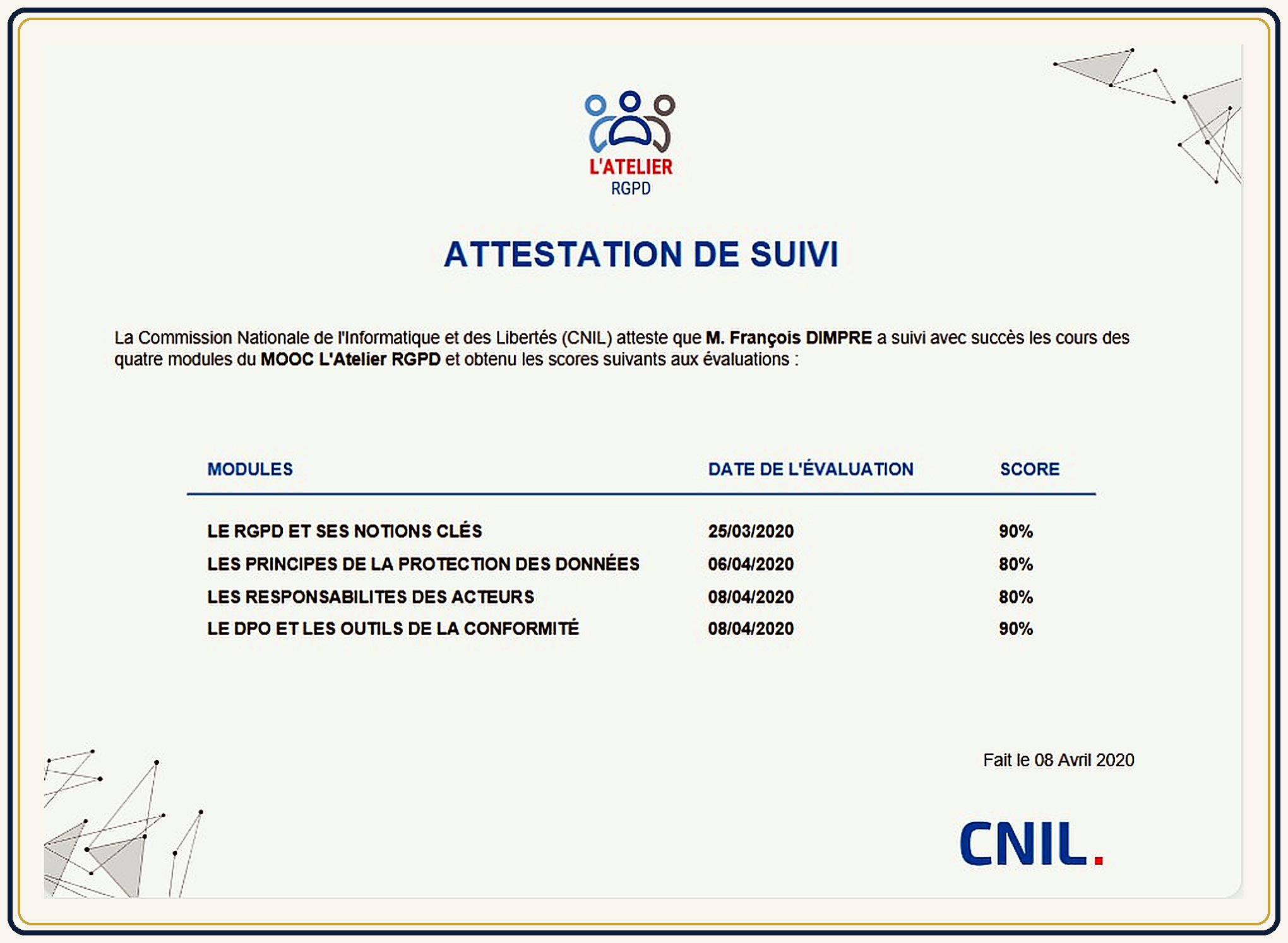 Attestation de suivi du MOOC L’Atelier RGPD de la CNIL délivrée à François Dimpre le 8 avril 2020